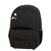 Polo Pins Σχολική Τσάντα Πλάτης Γυμνασίου - Λυκείου Μαύρη με Θήκη για Παγούρι 20lt 
