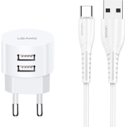 Usams φορτιστής τοίχου T20 2x USB 2.1A λευκός μαζί με καλώδιο type-C