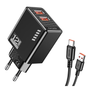 KAKUSIGA Φορτιστής Τοίχου KSC-1238 με Καλώδιο USB-C 2x USB 12W Μαύρος