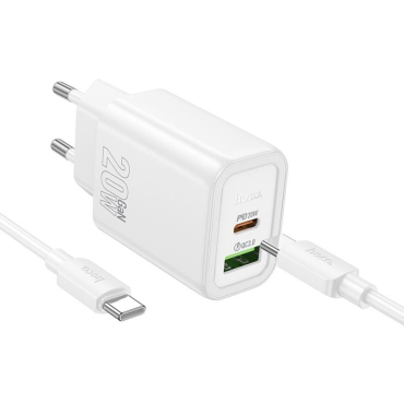 Hoco N61 Gentle Φορτιστής PD20w+Qc3.0 με Καλώδιο PD σε Type-C 2 Θύρες Λευκό