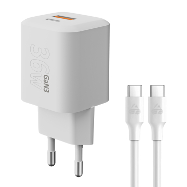 Powertech φορτιστής τοίχου με καλώδιο, USB/USB-C, 36W, GaN, λευκός