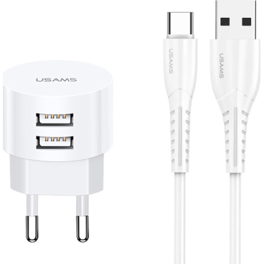 Usams φορτιστής τοίχου T20 2x USB 2.1A λευκός μαζί με καλώδιο type-C