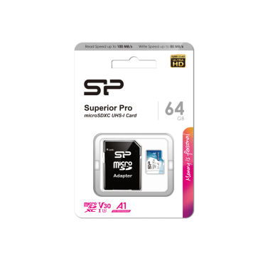 Silicon Power Micro SDXC 64GB Class 10 UHS-1 U3 V30 Superior Pro R100/W80 MB/s + SD Adaptor