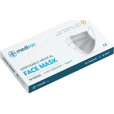 Mediroc 3PLY Χειρουργική Μάσκα Προσώπου Medical Κουτί 10 τμχ. (Πιστοποιημένο Προϊόν) TYPE II EN148